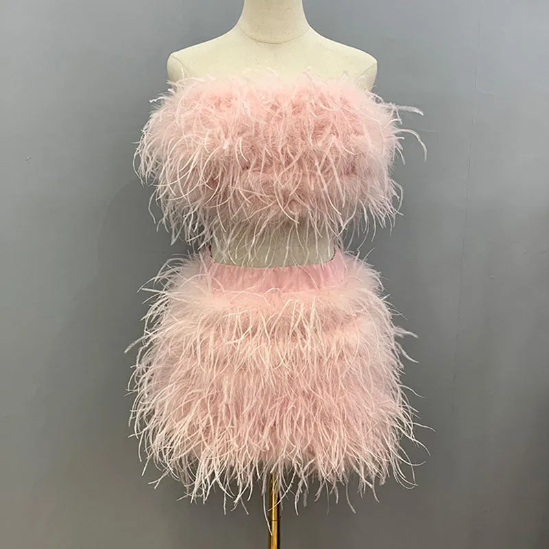 Women Ostrich Feather Top Dress Fur Skirt Bra Boa Set Summer Tube Top Dress Set