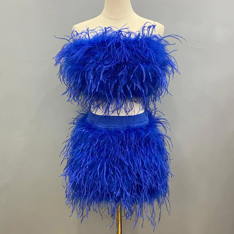 Women Ostrich Feather Top Dress Fur Skirt Bra Boa Set Summer Tube Top Dress Set