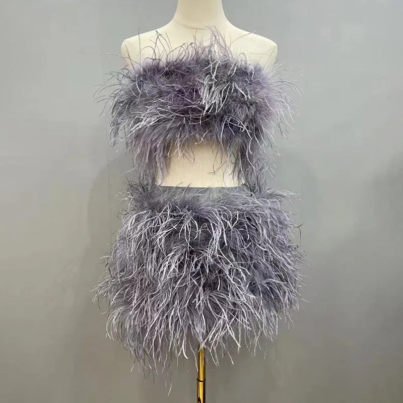 Women Ostrich Feather Top Dress Fur Skirt Bra Boa Set Summer Tube Top Dress Set