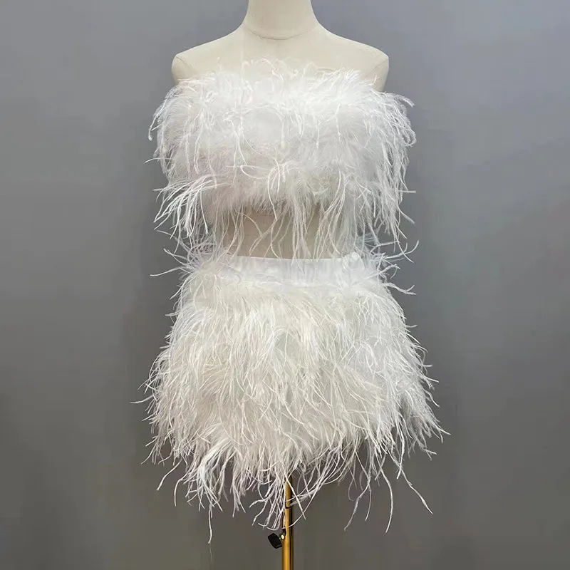 Women Ostrich Feather Top Dress Fur Skirt Bra Boa Set Summer Tube Top Dress Set