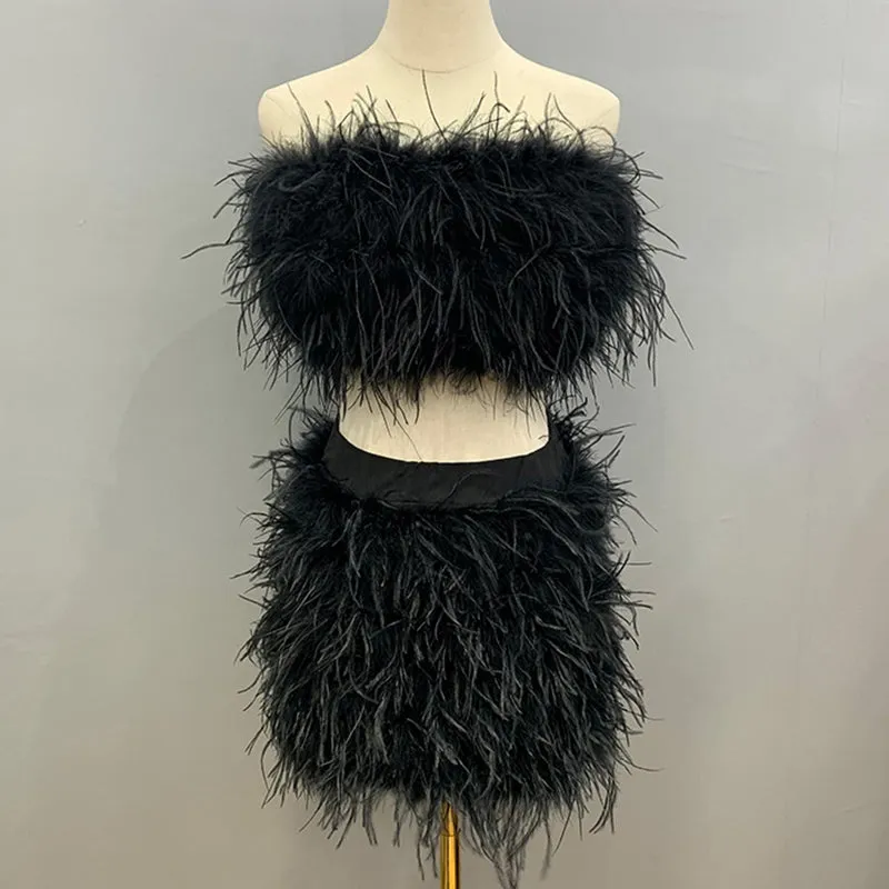 Women Ostrich Feather Top Dress Fur Skirt Bra Boa Set Summer Tube Top Dress Set