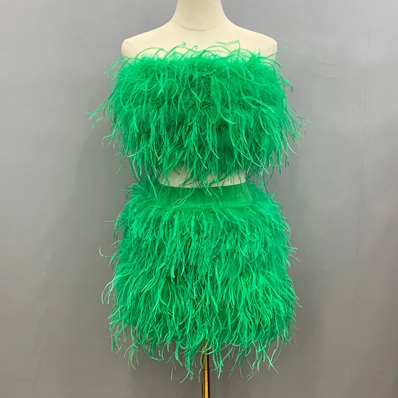 Women Ostrich Feather Top Dress Fur Skirt Bra Boa Set Summer Tube Top Dress Set
