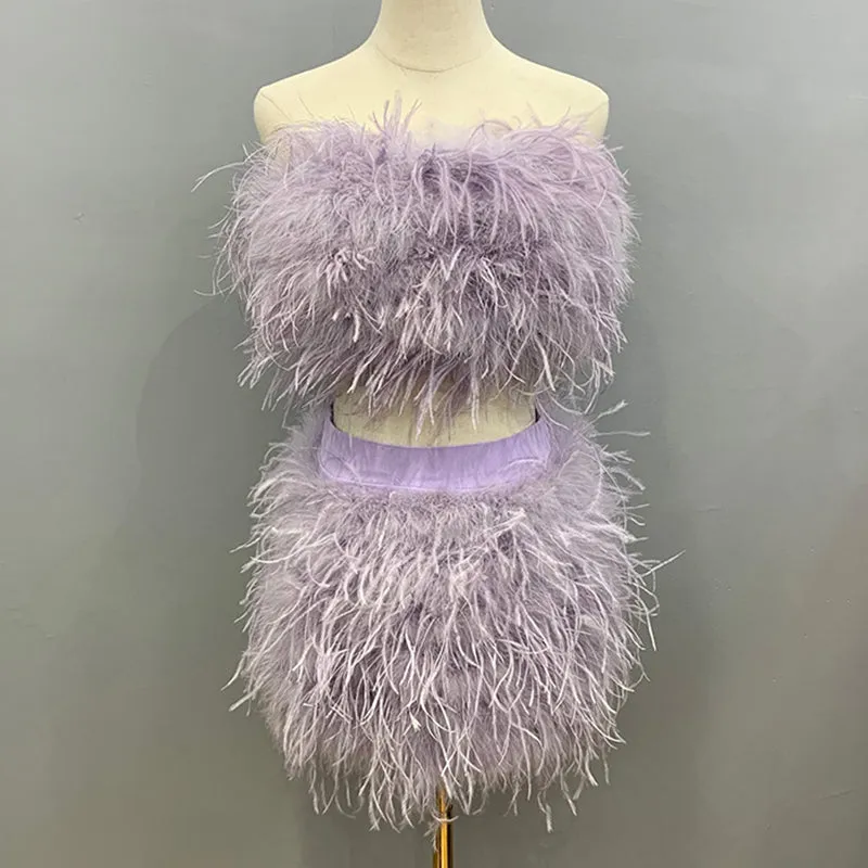 Women Ostrich Feather Top Dress Fur Skirt Bra Boa Set Summer Tube Top Dress Set