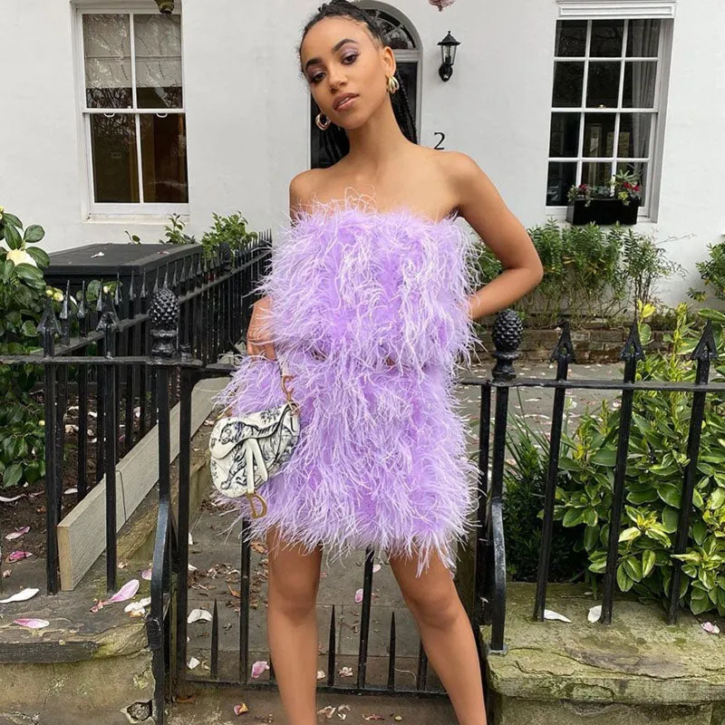 Women Ostrich Feather Top Dress Fur Skirt Bra Boa Set Summer Tube Top Dress Set