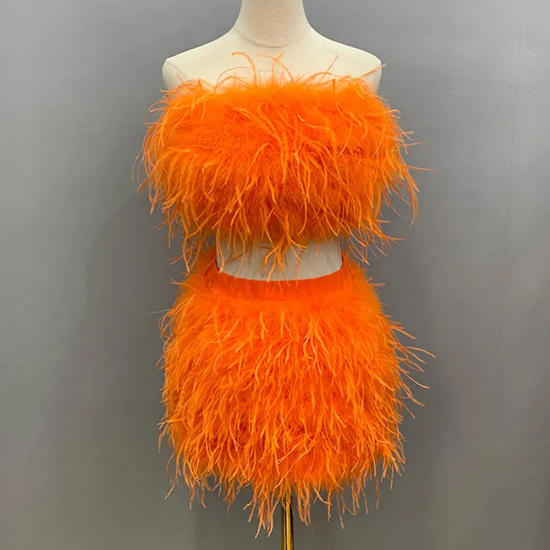 Women Ostrich Feather Top Dress Fur Skirt Bra Boa Set Summer Tube Top Dress Set