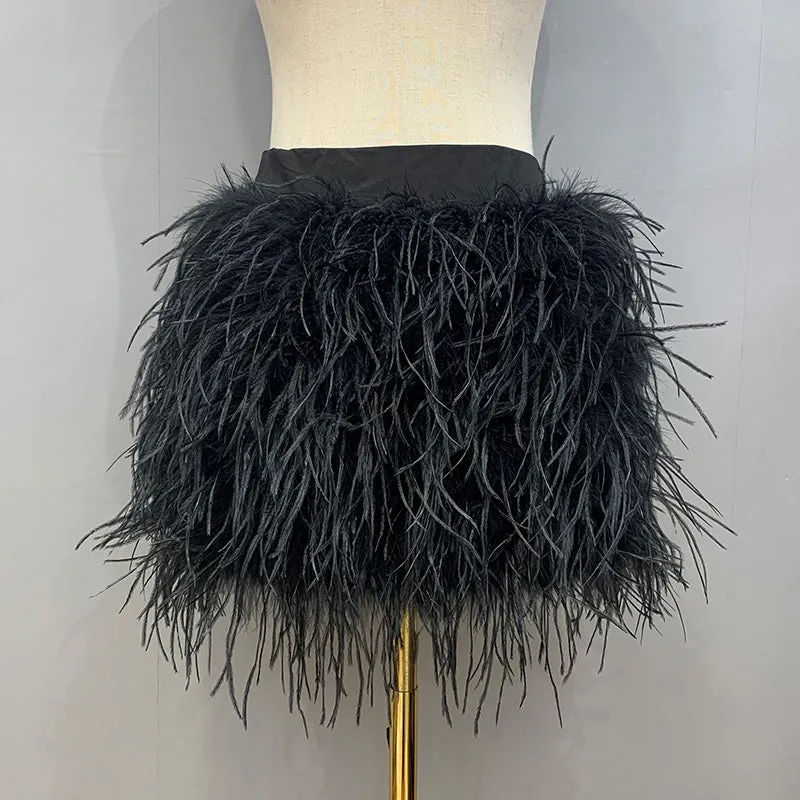 Women Ostrich Feather Top Dress Fur Skirt Bra Boa Set Summer Tube Top Dress Set