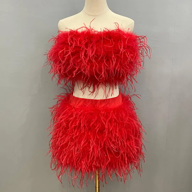 Women Ostrich Feather Top Dress Fur Skirt Bra Boa Set Summer Tube Top Dress Set