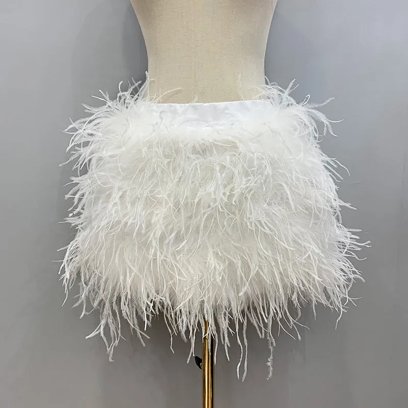 Women Ostrich Feather Top Dress Fur Skirt Bra Boa Set Summer Tube Top Dress Set