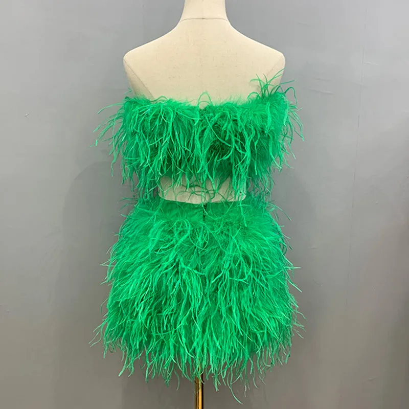 Women Ostrich Feather Top Dress Fur Skirt Bra Boa Set Summer Tube Top Dress Set