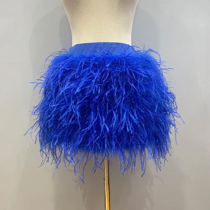 Women Ostrich Feather Top Dress Fur Skirt Bra Boa Set Summer Tube Top Dress Set