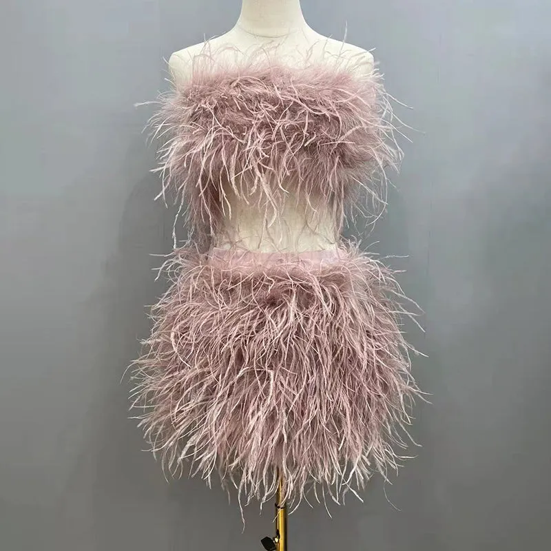 Women Ostrich Feather Top Dress Fur Skirt Bra Boa Set Summer Tube Top Dress Set