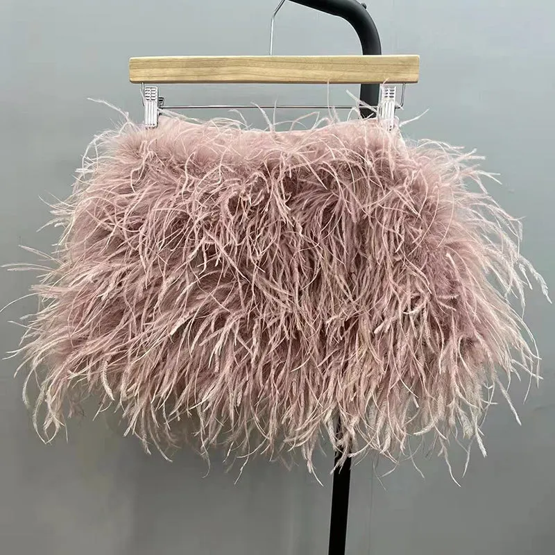 Women Ostrich Feather Top Dress Fur Skirt Bra Boa Set Summer Tube Top Dress Set