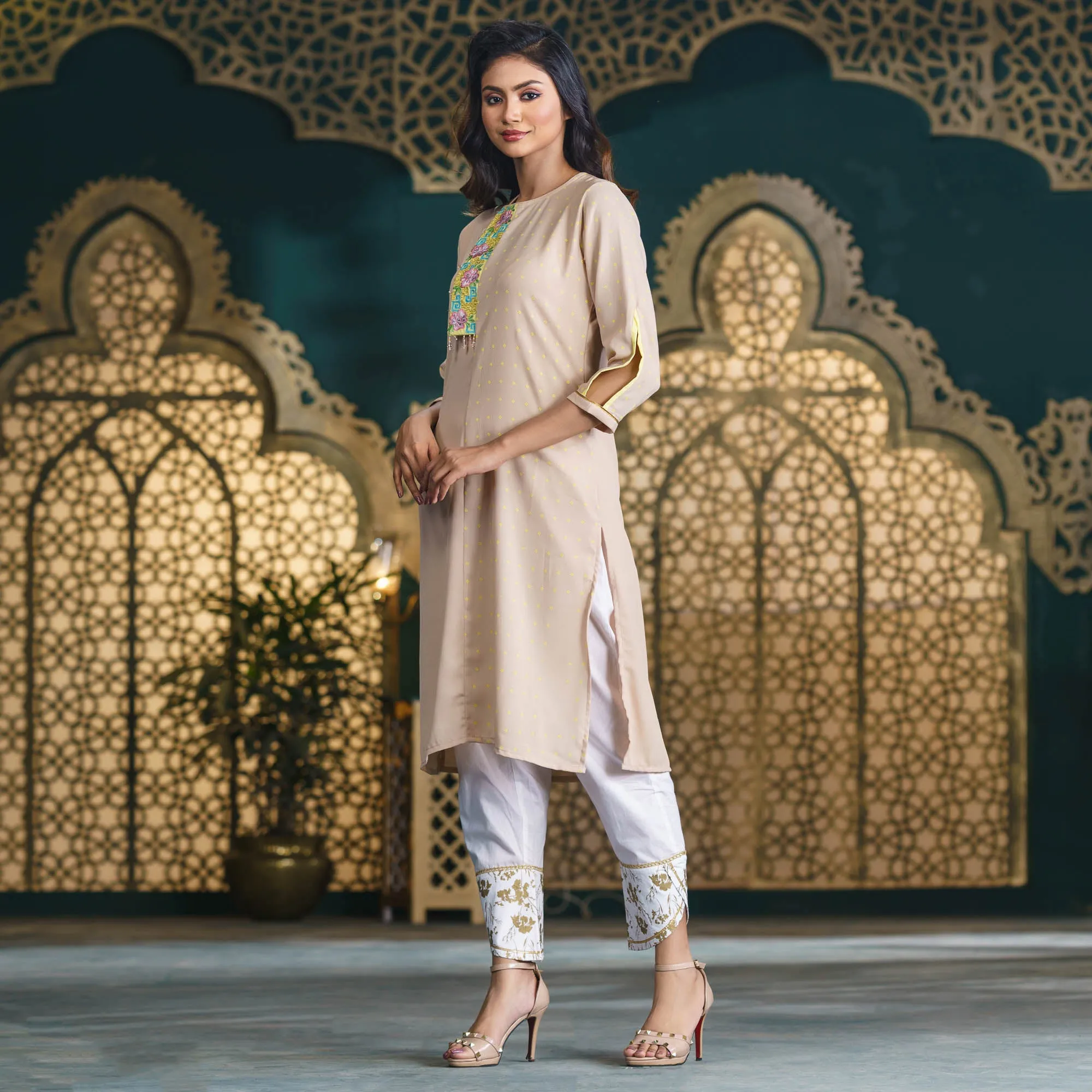 Womens Biscuit-Color Georgette Kurti