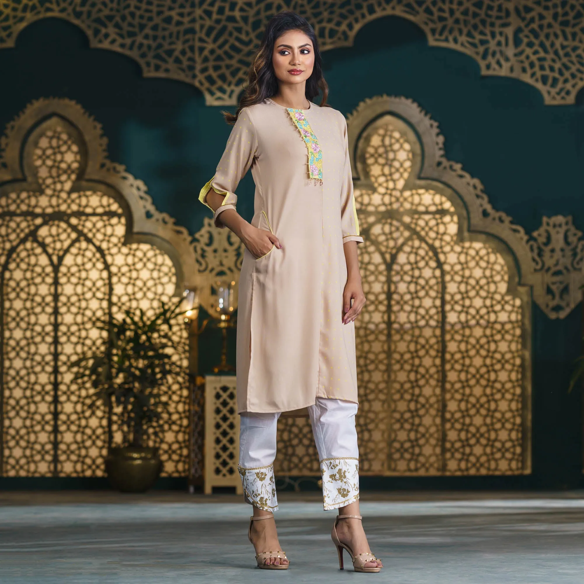 Womens Biscuit-Color Georgette Kurti