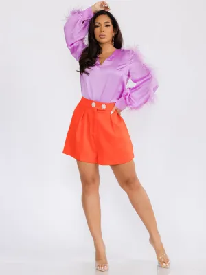 WOMEN'S LONG FEATHER SLEEVE TOP & SHORTS COLORBLOCK 2PC. SET