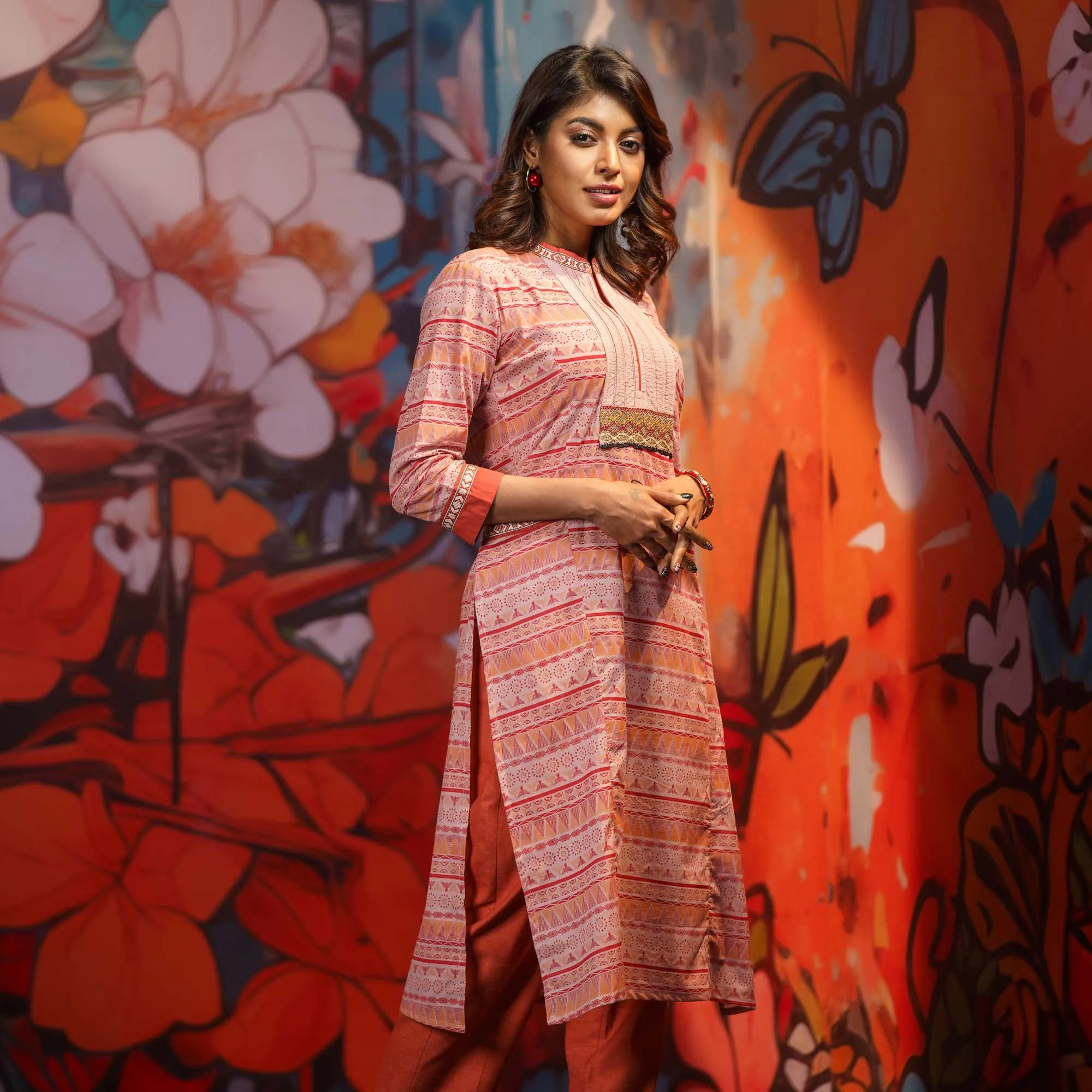 Womens Onion-Pink Print Kurti