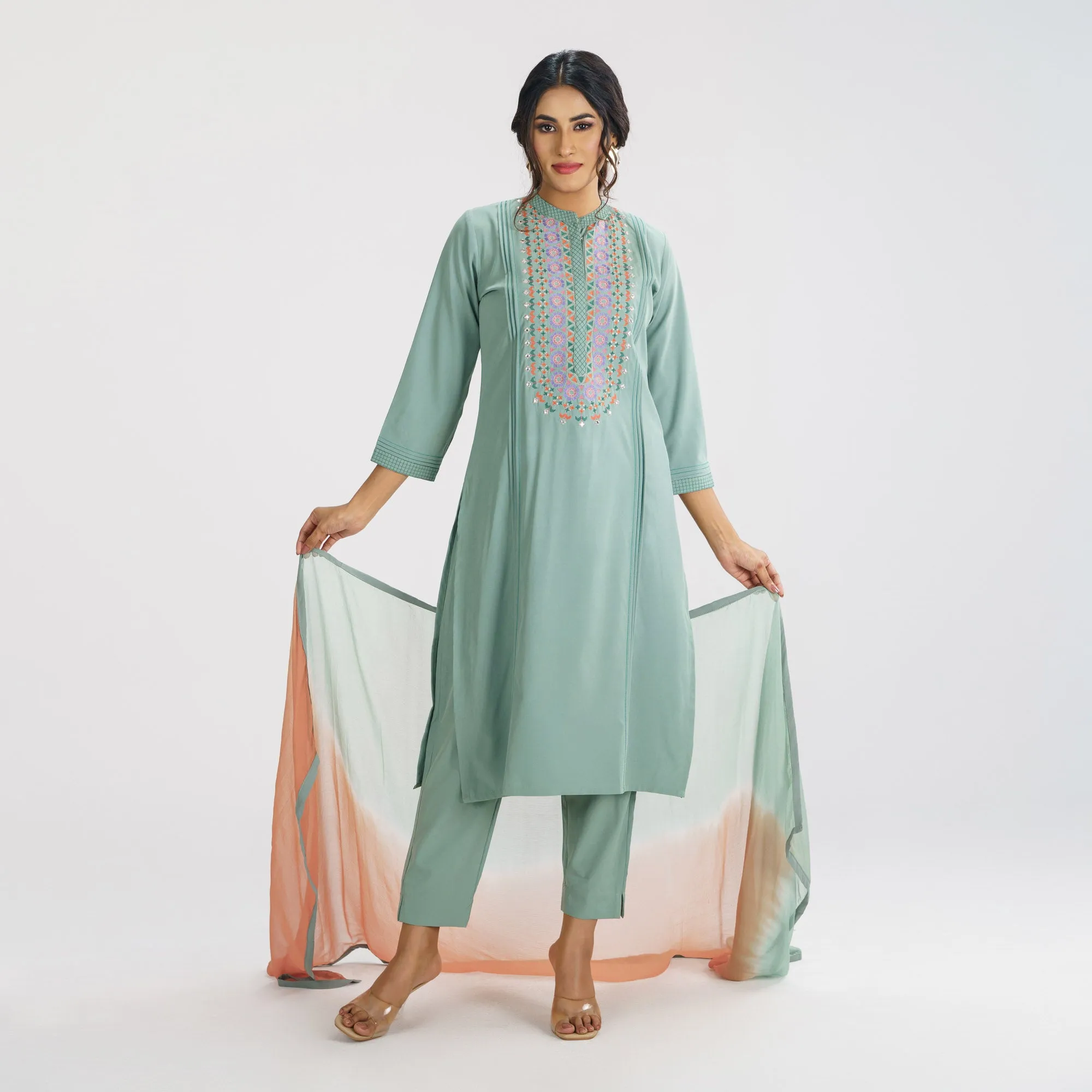 Womens Pistachio Green Ethnic 3-Piece