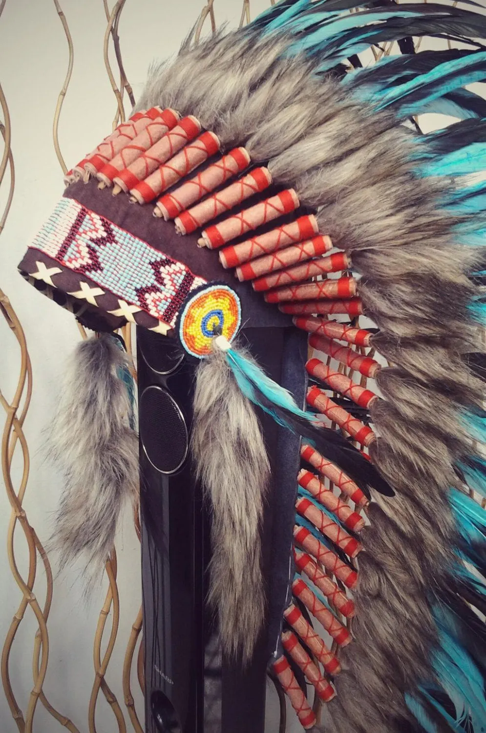 Y33 - Medium Turquoise Feather Headdress (36 inch long ).
