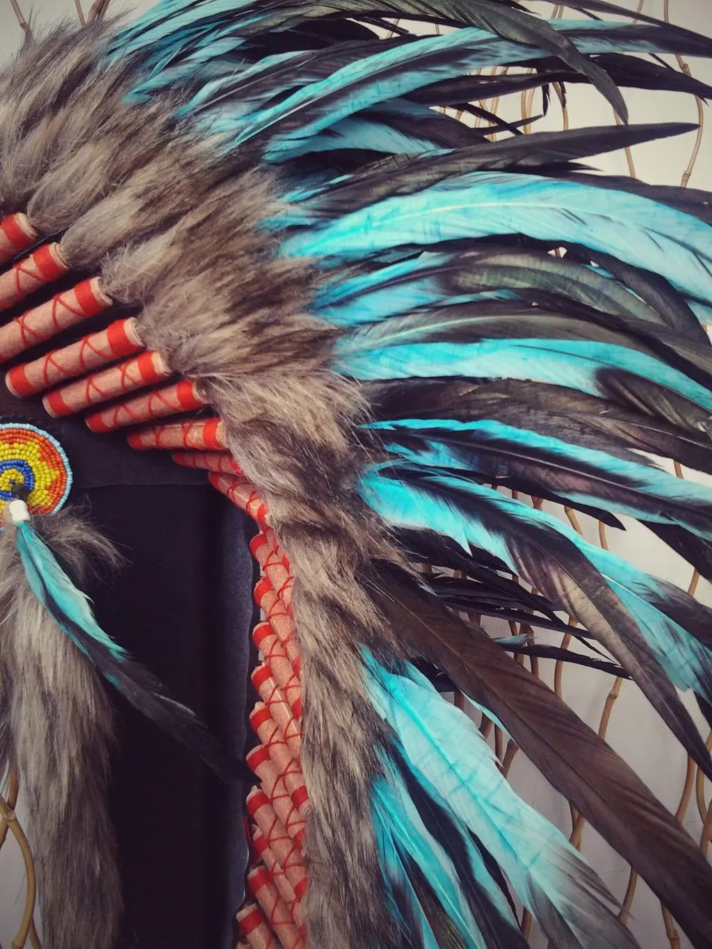 Y33 - Medium Turquoise Feather Headdress (36 inch long ).
