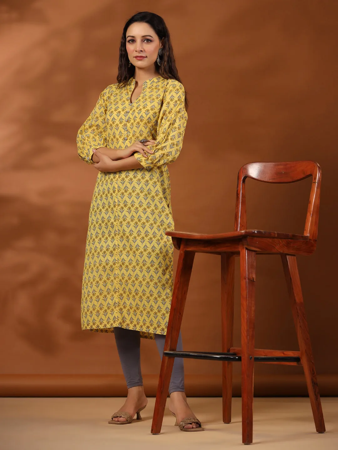 Yellow Ethnic Mughal Buti Printed Straight Kurta