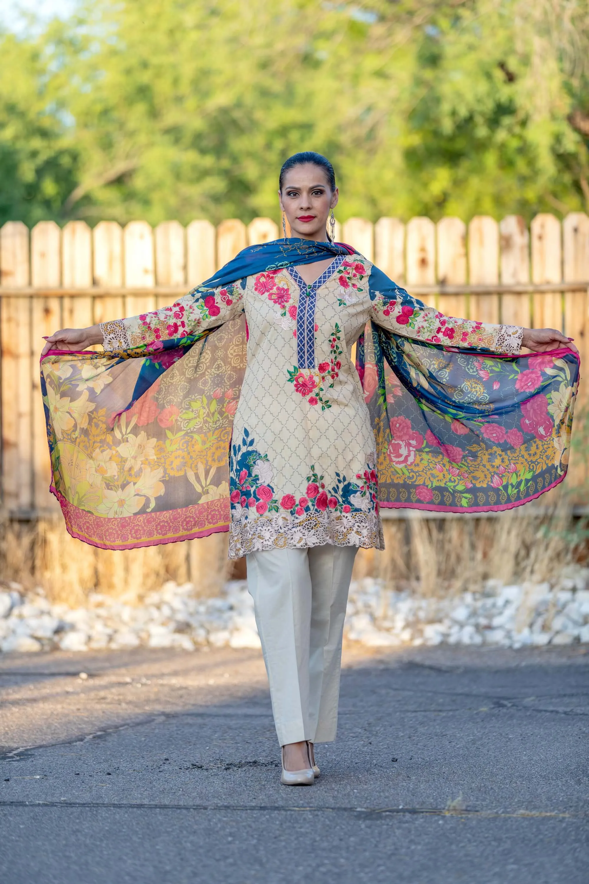 Yellow Floral Chiffon Suit With Beige Pants