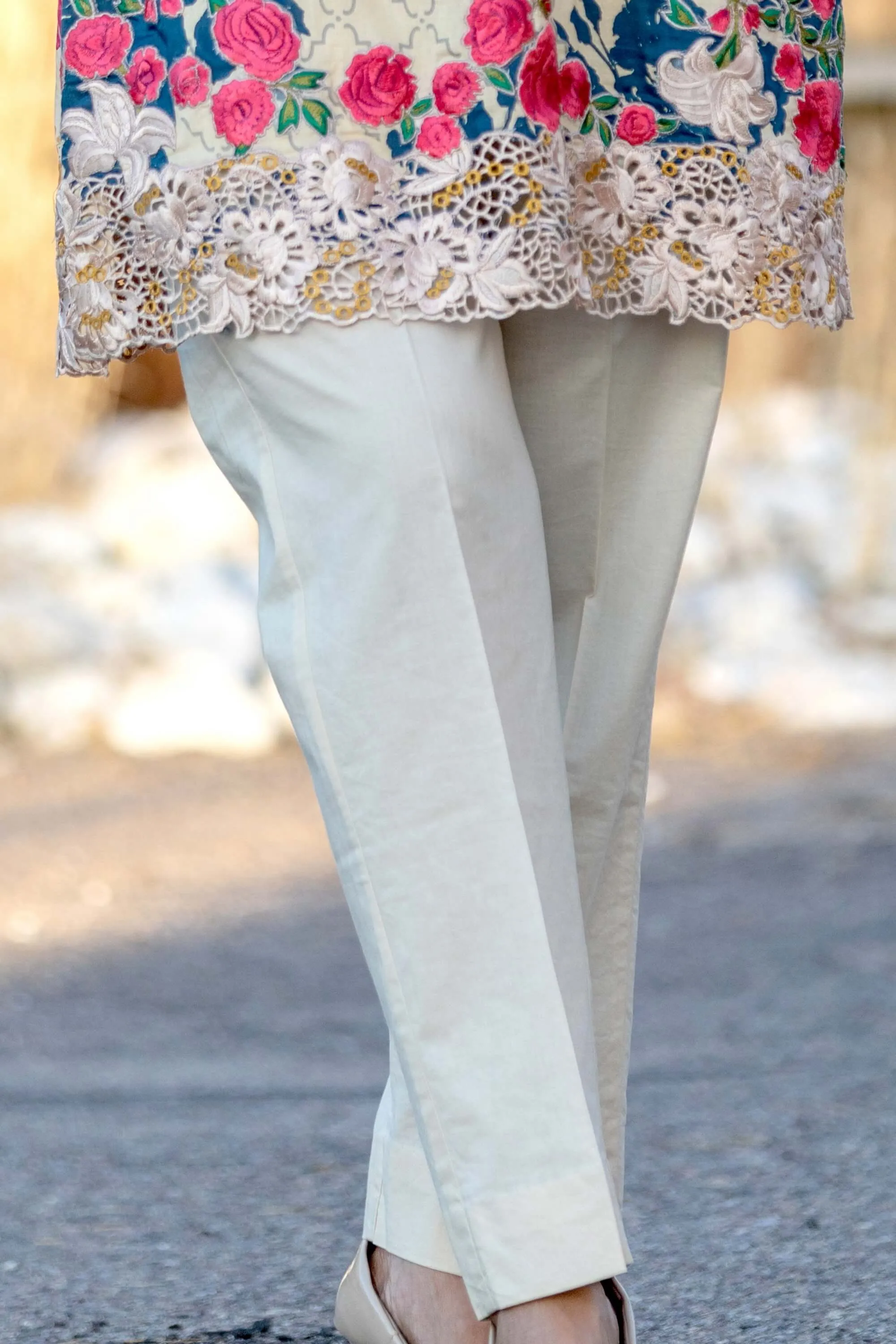 Yellow Floral Chiffon Suit With Beige Pants