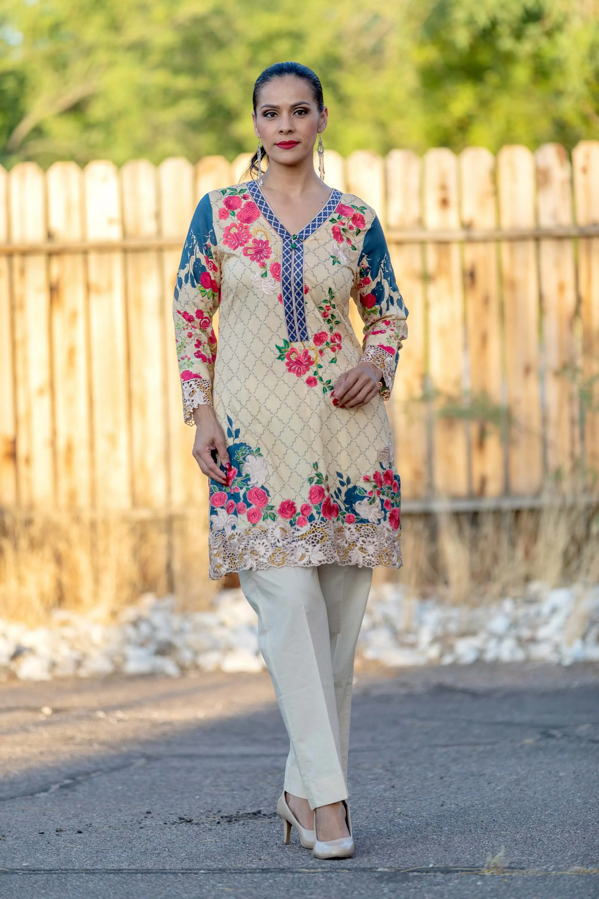 Yellow Floral Chiffon Suit With Beige Pants
