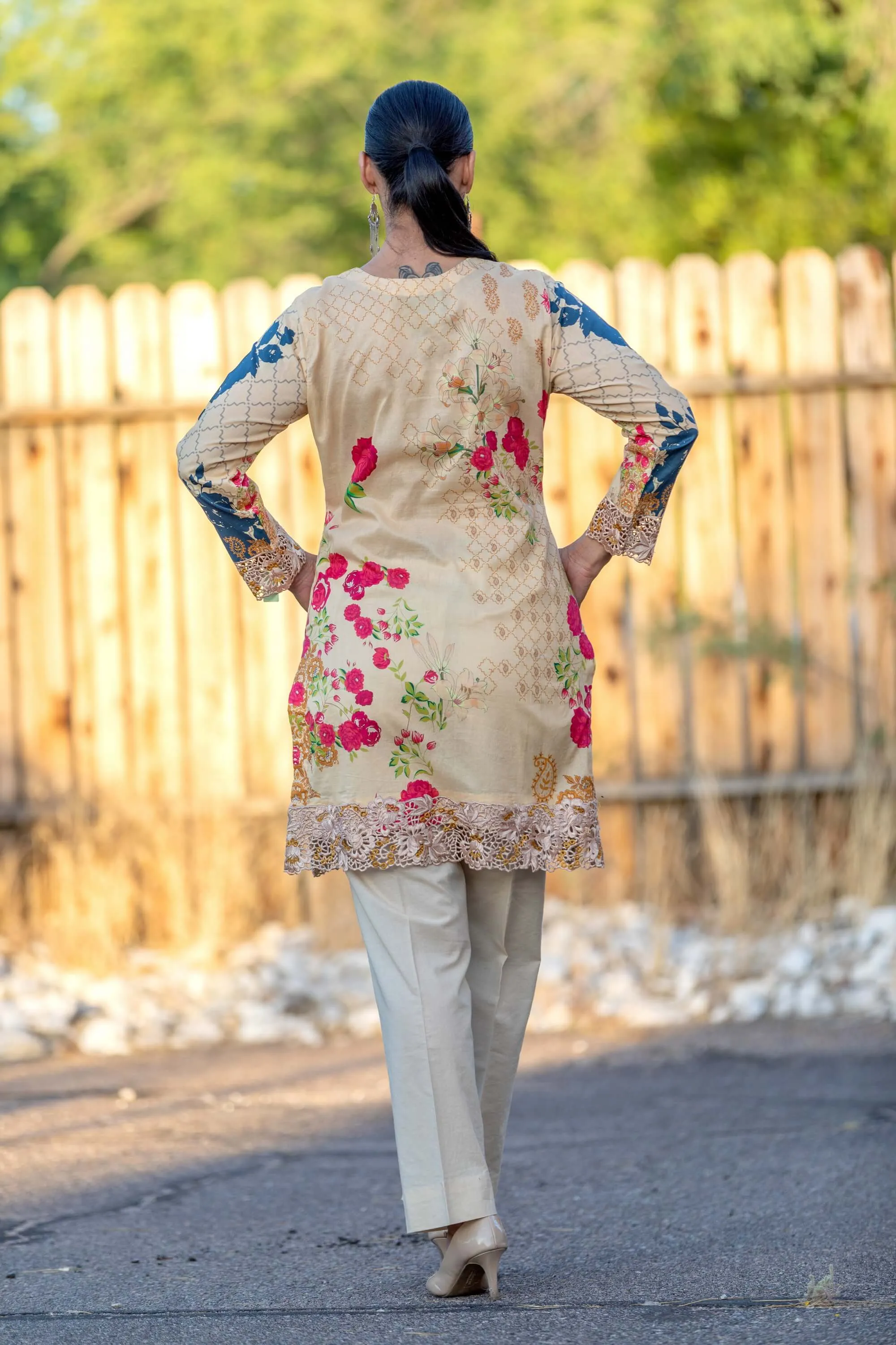Yellow Floral Chiffon Suit With Beige Pants