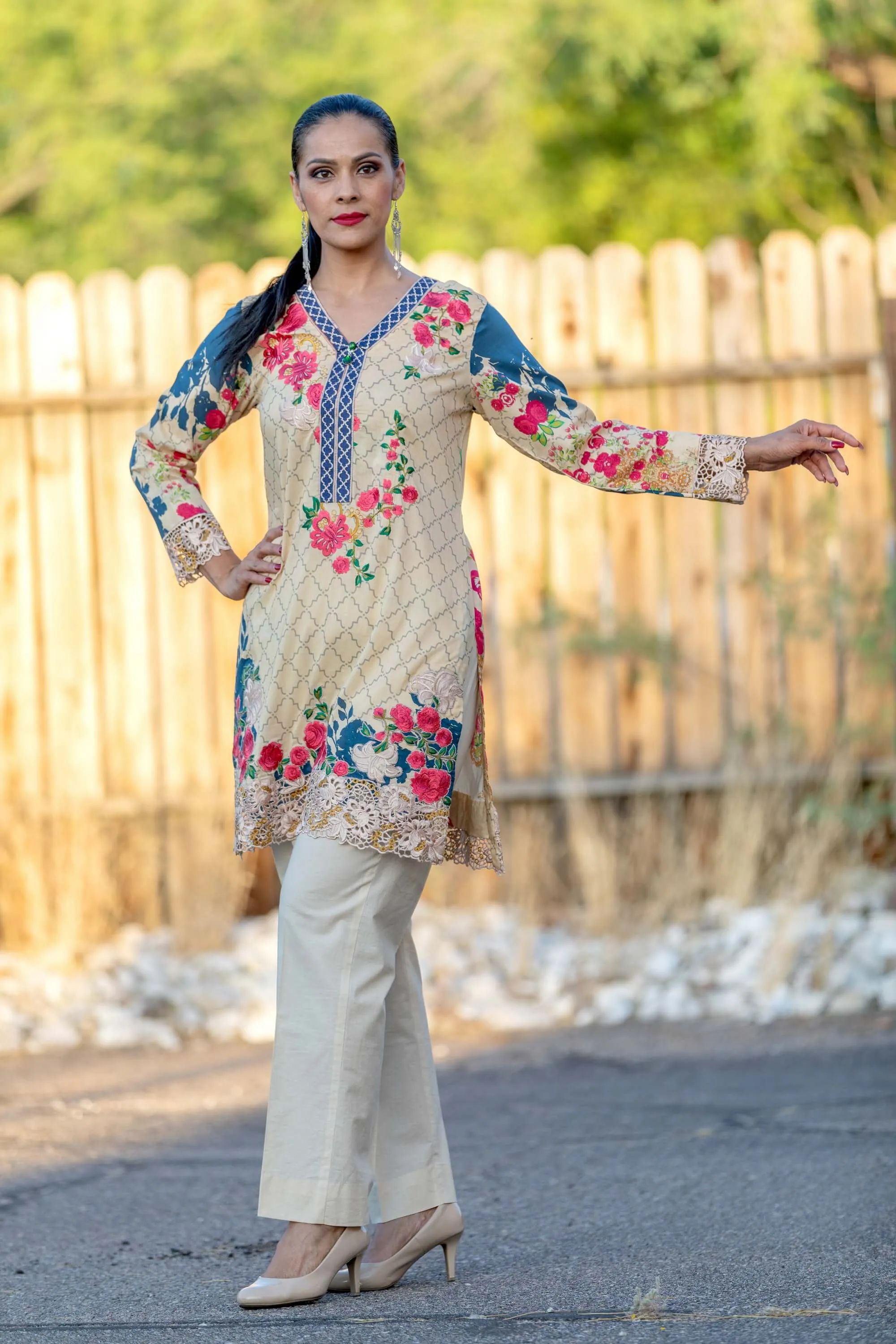 Yellow Floral Chiffon Suit With Beige Pants
