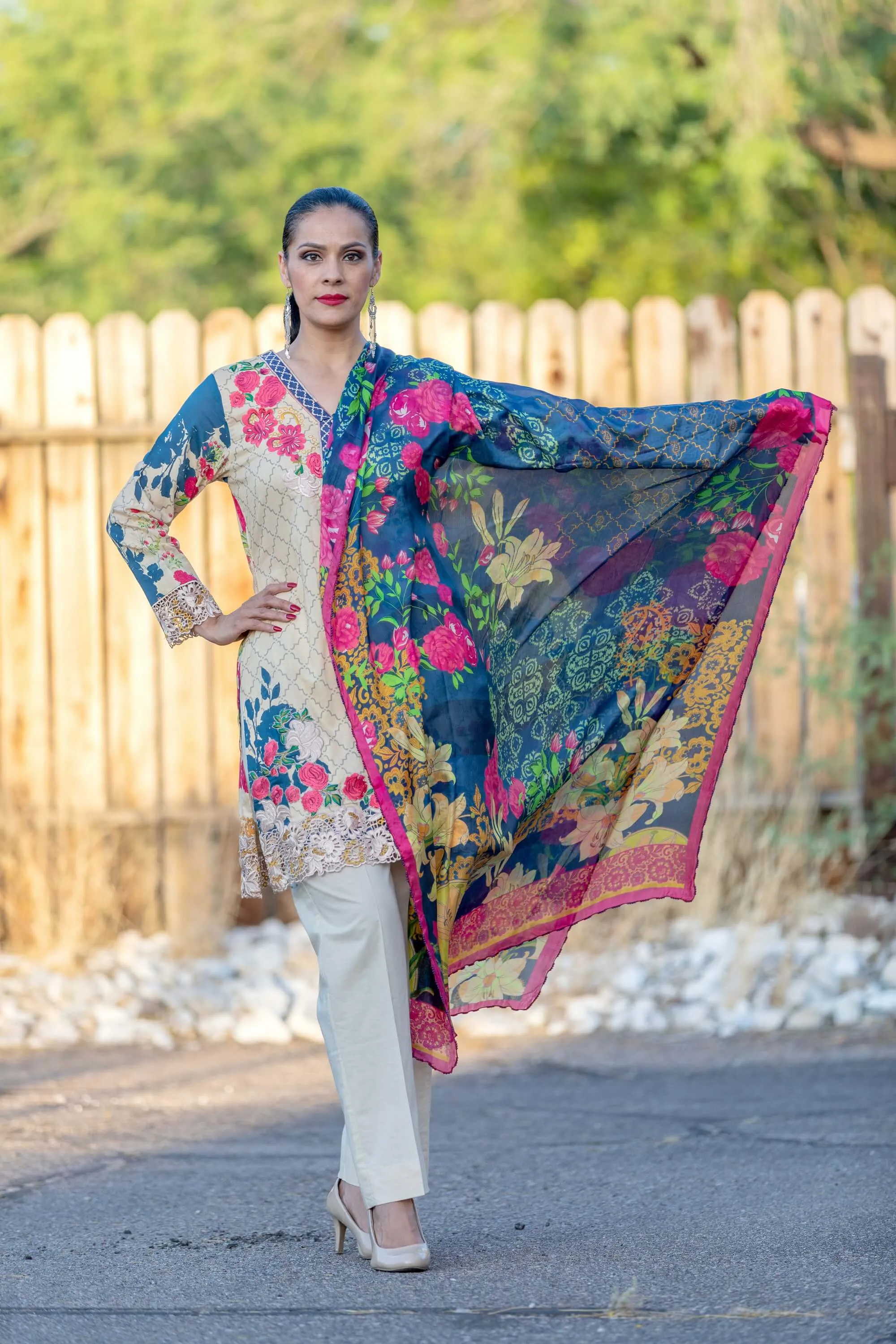 Yellow Floral Chiffon Suit With Beige Pants