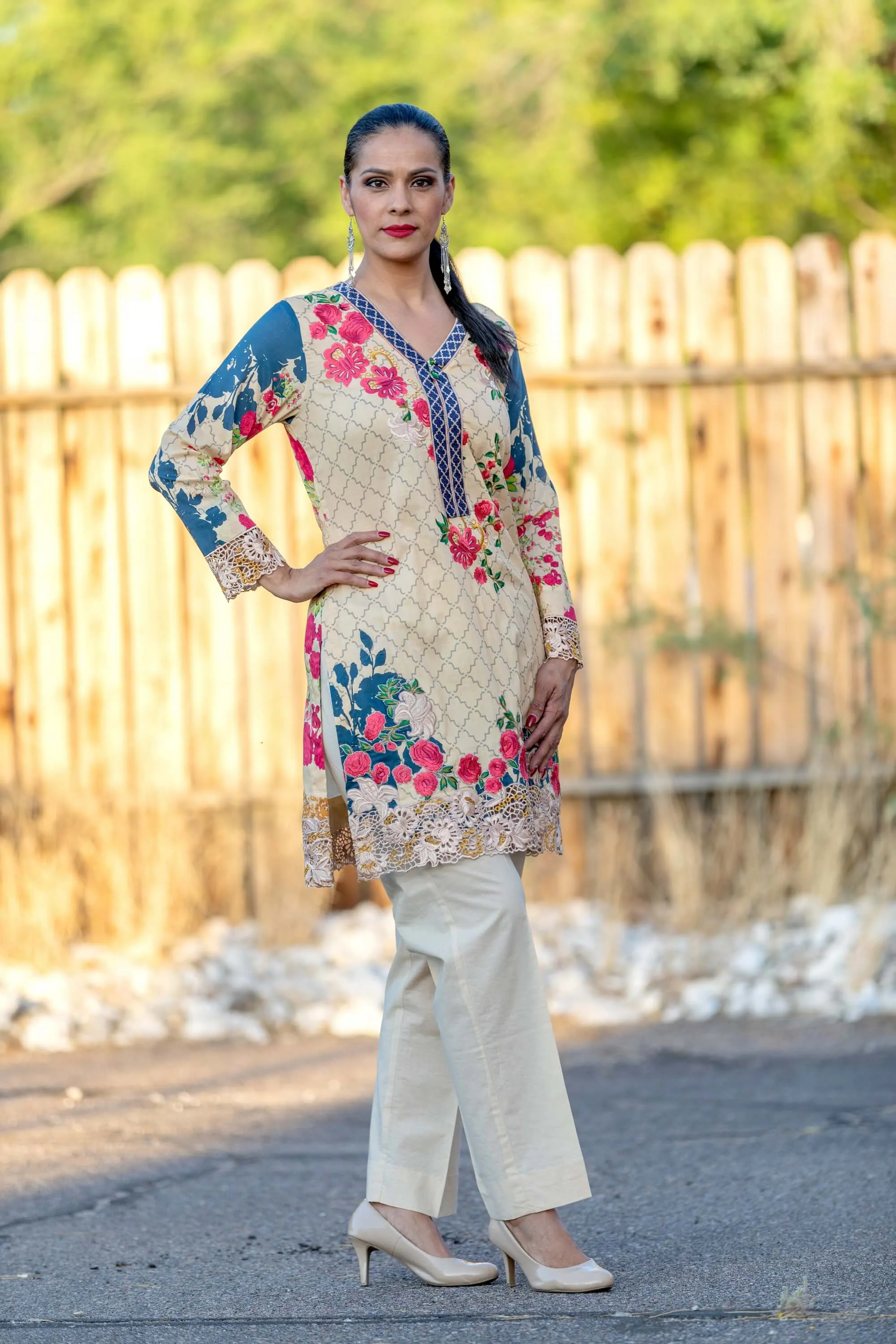 Yellow Floral Chiffon Suit With Beige Pants