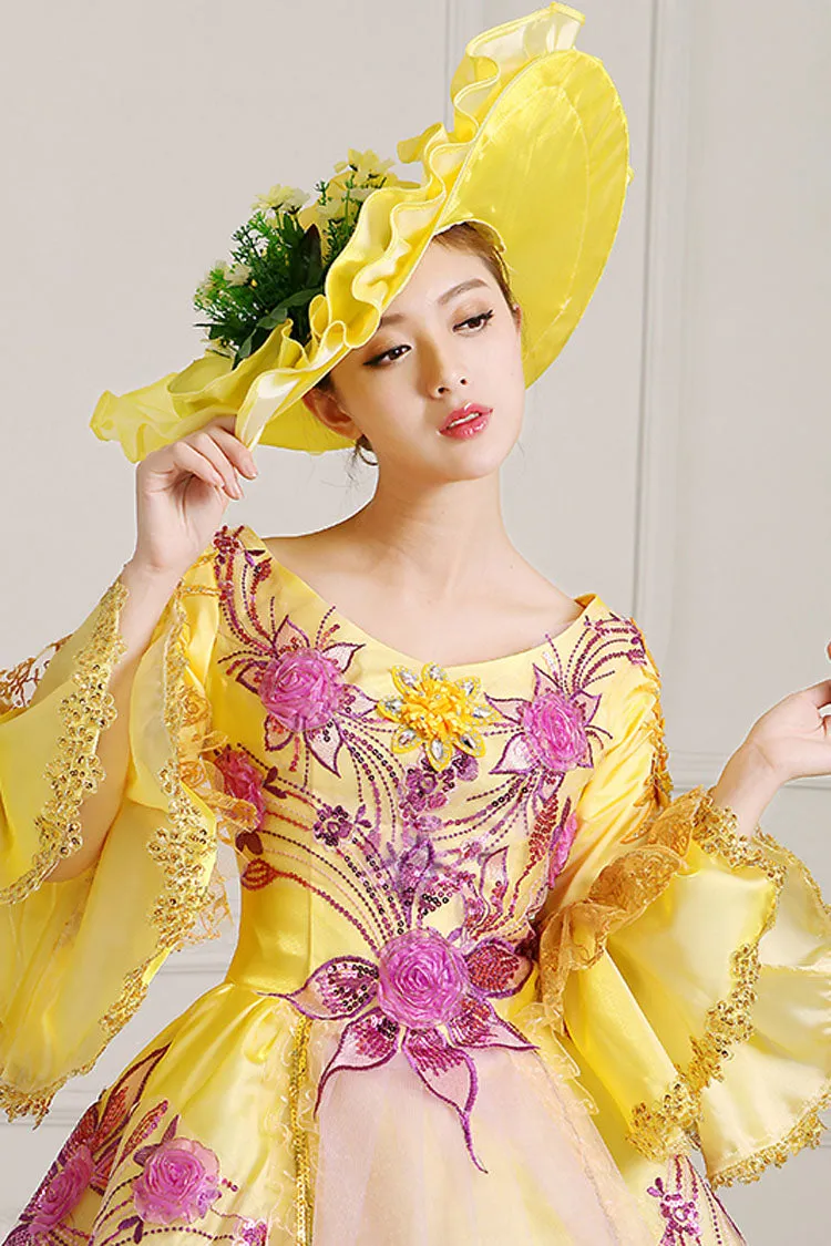 Yellow Half Sleeves Hime Sleeves High Waisted Lace Stitching Hollow Embroidery Floral Print Multi-Layer Victorian Lolita Prom Dress