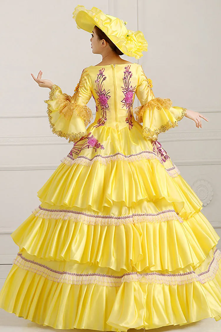 Yellow Half Sleeves Hime Sleeves High Waisted Lace Stitching Hollow Embroidery Floral Print Multi-Layer Victorian Lolita Prom Dress