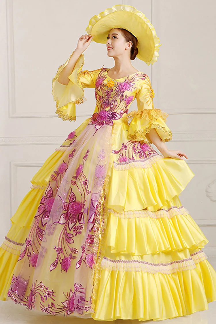 Yellow Half Sleeves Hime Sleeves High Waisted Lace Stitching Hollow Embroidery Floral Print Multi-Layer Victorian Lolita Prom Dress