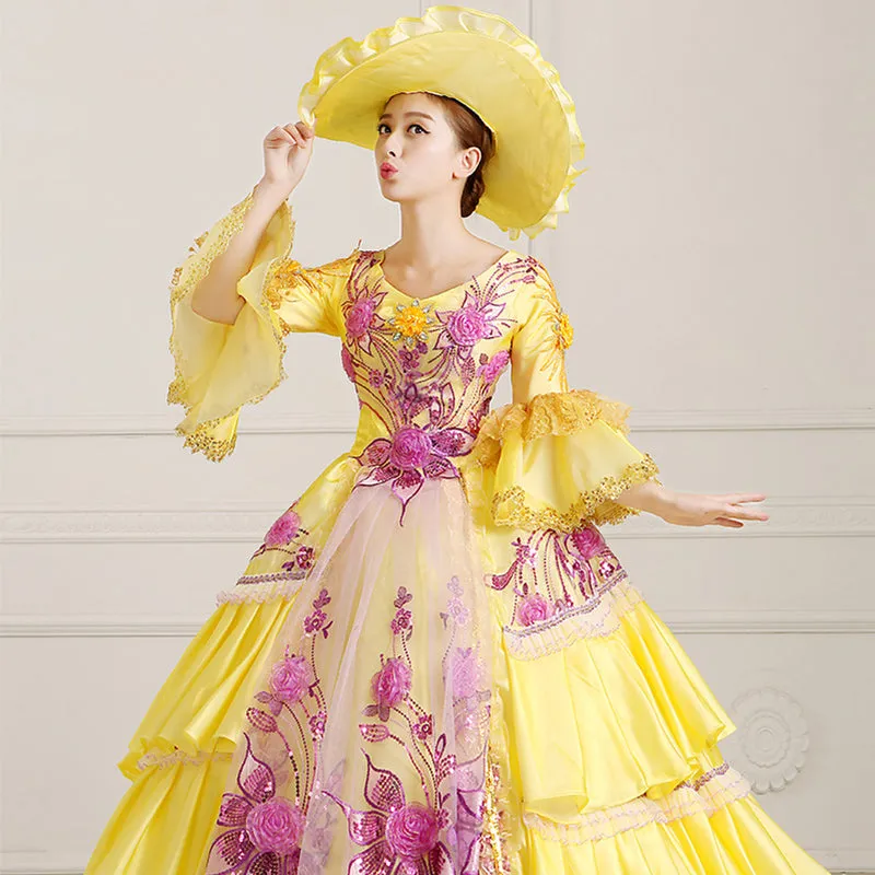 Yellow Half Sleeves Hime Sleeves High Waisted Lace Stitching Hollow Embroidery Floral Print Multi-Layer Victorian Lolita Prom Dress