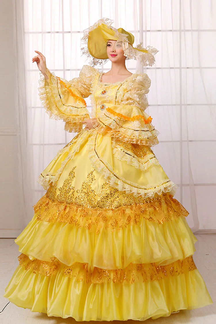 Yellow Hime Sleeves High Waisted Lace Stitching Gem Button Multi-Layer Victorian Lolita Prom Dress