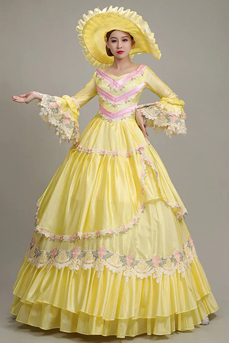 Yellow Hime Sleeves High Waisted Lace Stitching Hollow Floral Print Ruffled Multi-Layer Victorian Lolita Prom Tiered Dress