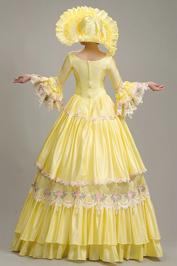 Yellow Hime Sleeves High Waisted Lace Stitching Hollow Floral Print Ruffled Multi-Layer Victorian Lolita Prom Tiered Dress