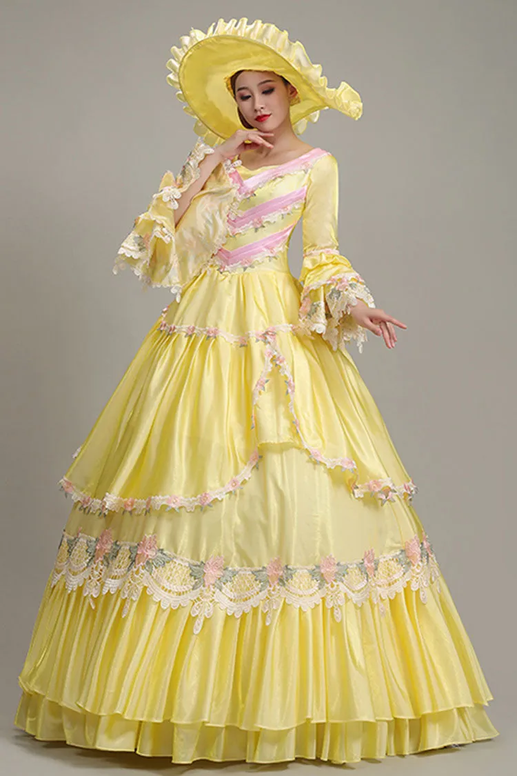 Yellow Hime Sleeves High Waisted Lace Stitching Hollow Floral Print Ruffled Multi-Layer Victorian Lolita Prom Tiered Dress