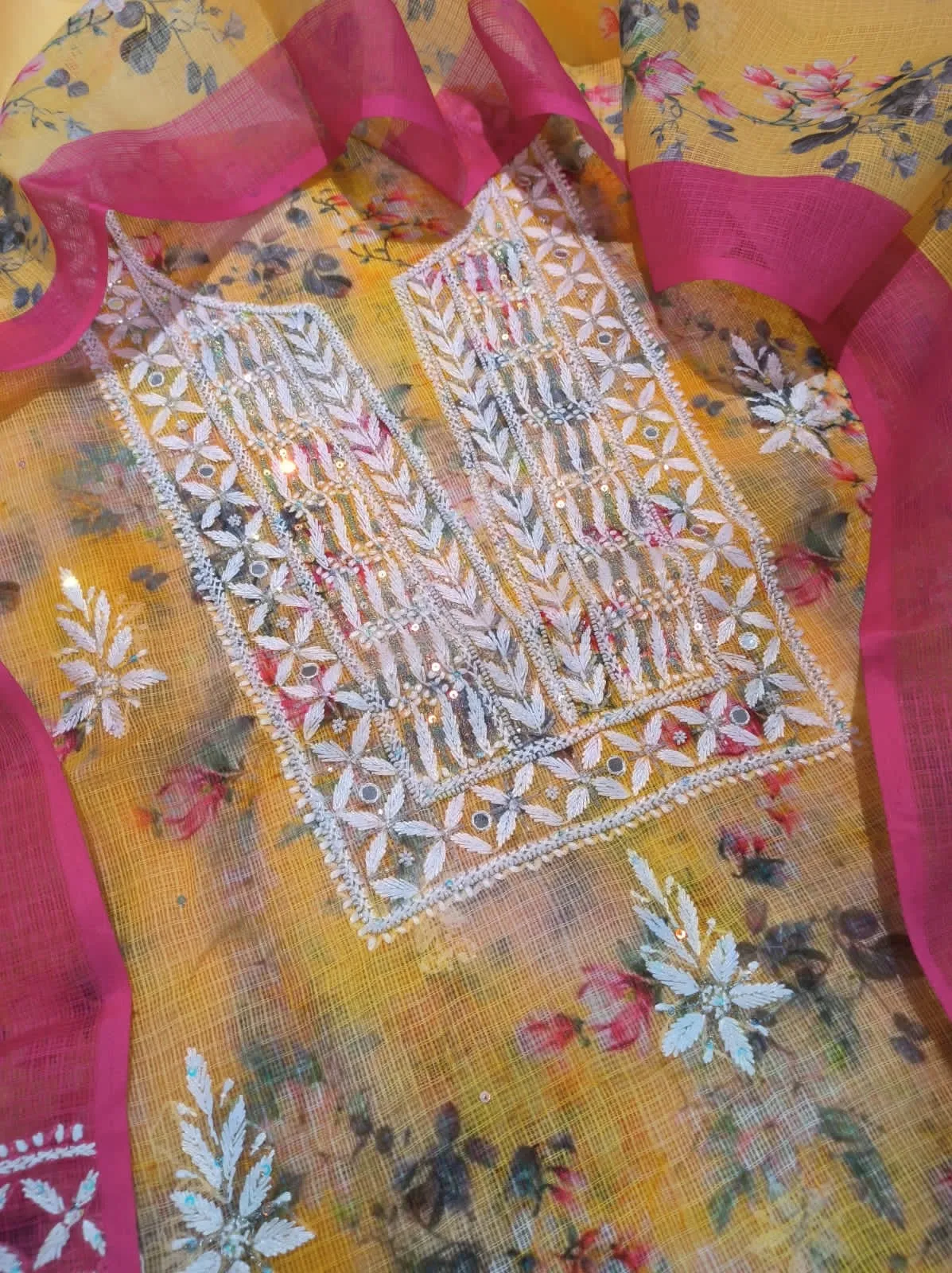 Yellow-Pink Chinkari Kota Cotton Salwar Suit unstitched