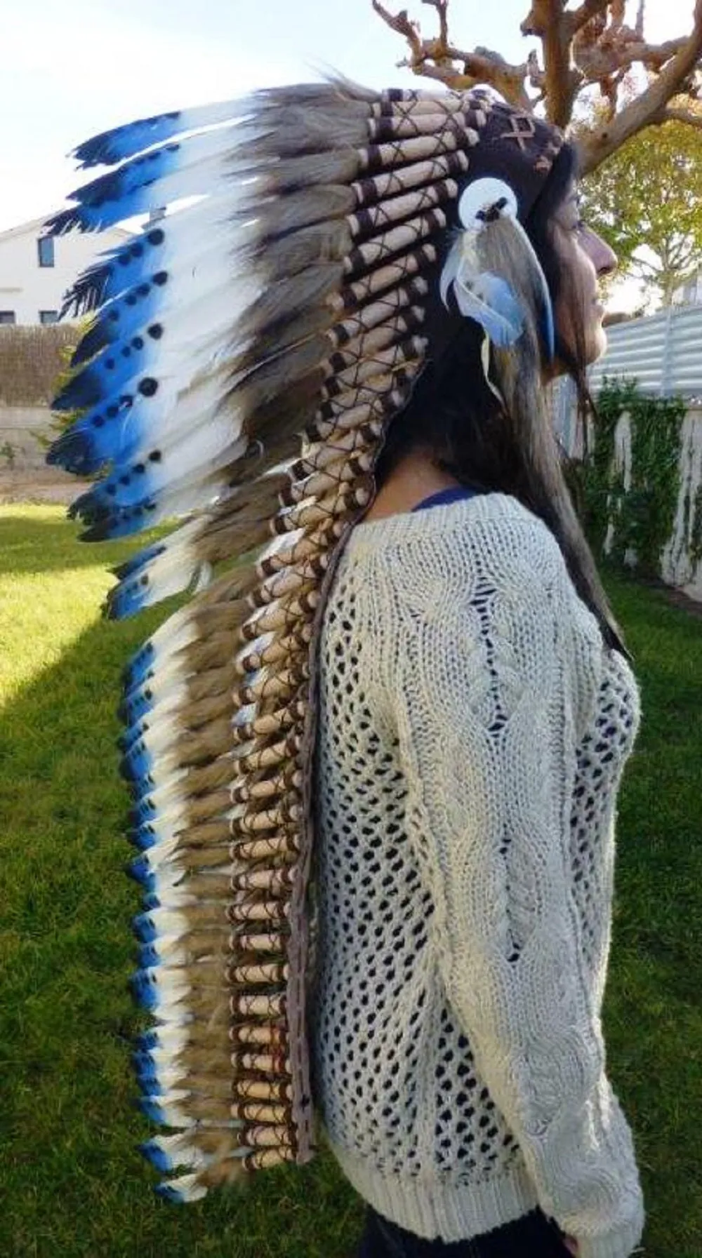 Z98 Extra Large Blue Feather Headdress (43 inch long ).