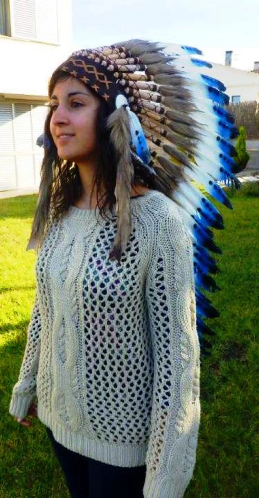 Z98 Extra Large Blue Feather Headdress (43 inch long ).