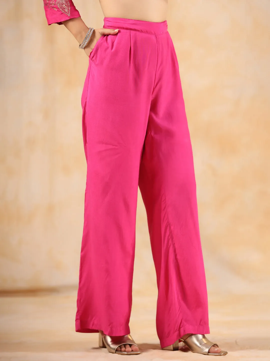 Zardozi Embroidered Silk Hot Pink  Straight Kurta With Palazzo And Dupatta