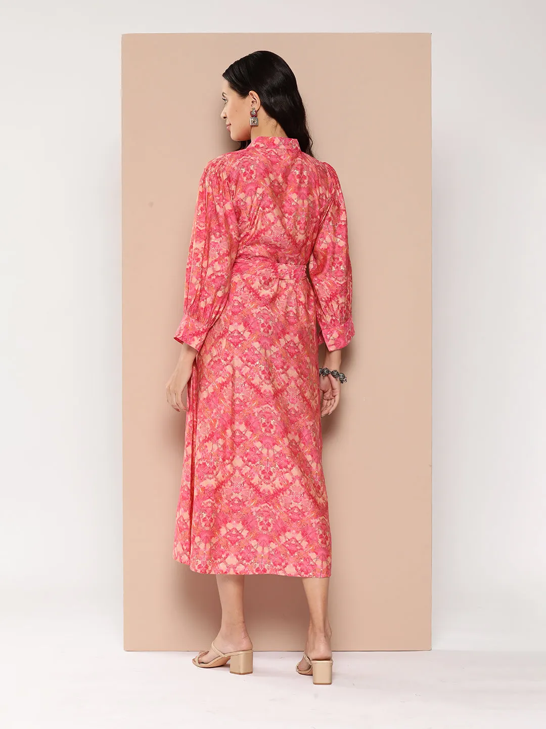 ZOLA Collar Neck Chanderi Silk All Over Colorful Abstract Print Pink A-Line Ethnic Dress For Women