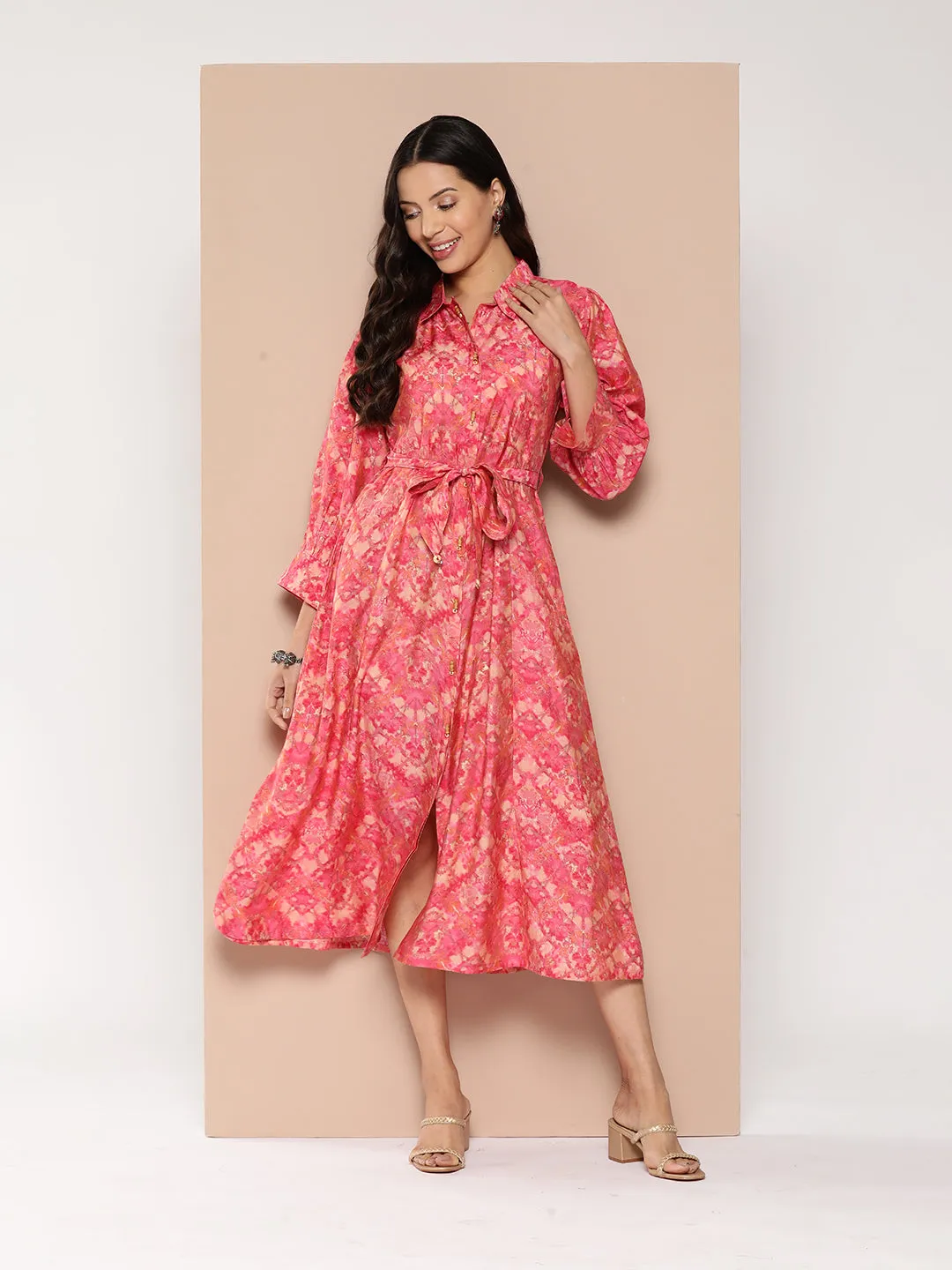 ZOLA Collar Neck Chanderi Silk All Over Colorful Abstract Print Pink A-Line Ethnic Dress For Women