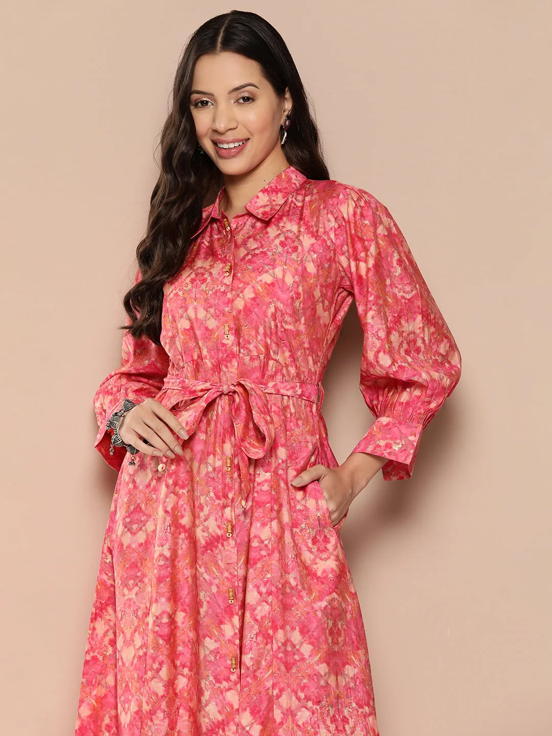 ZOLA Collar Neck Chanderi Silk All Over Colorful Abstract Print Pink A-Line Ethnic Dress For Women