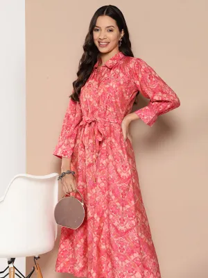 ZOLA Collar Neck Chanderi Silk All Over Colorful Abstract Print Pink A-Line Ethnic Dress For Women