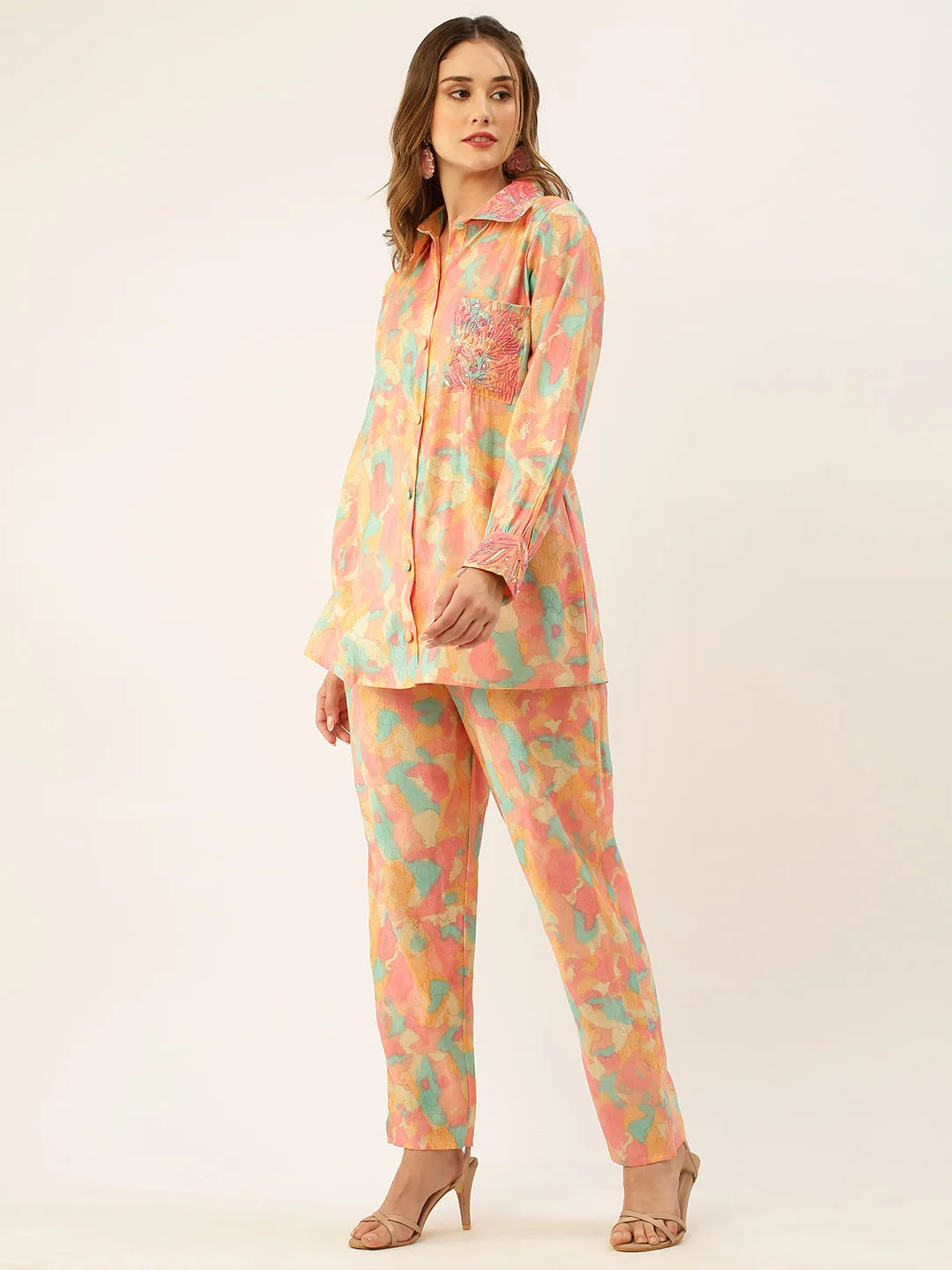 ZOLA Collar Neck Modal All Over Colourfull Abstract Print Pink Straight Co-Ord Set For Women