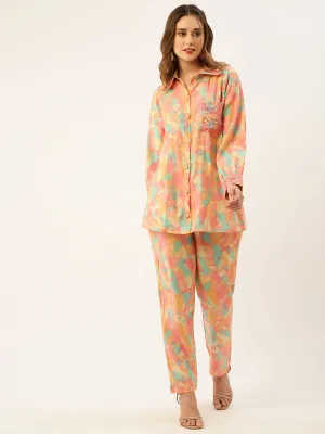 ZOLA Collar Neck Modal All Over Colourfull Abstract Print Pink Straight Co-Ord Set For Women