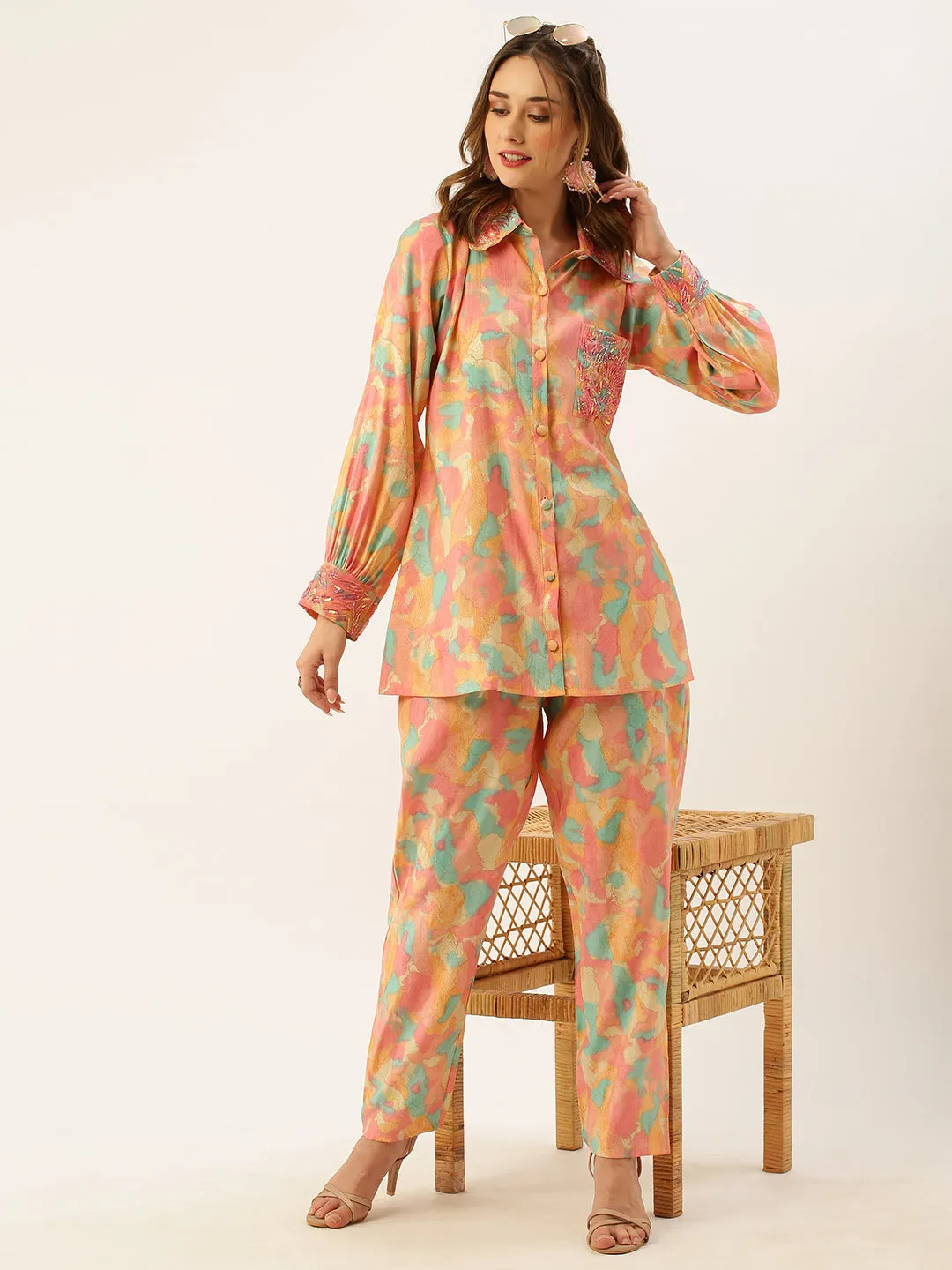 ZOLA Collar Neck Modal All Over Colourfull Abstract Print Pink Straight Co-Ord Set For Women